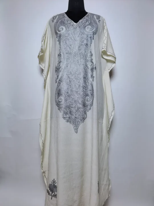 Kashmiri Mehreen Long Crush Cotton Kaftan in White with Aari Embroidery