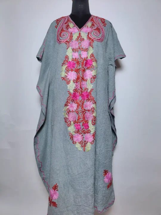 Shahistah Kashmiri Long Crush Cotton Kaftan in Grey with Aari Embroidery