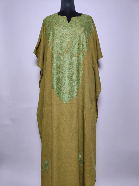 Nighat Kashmiri Long Crush Cotton Brown Kaftan with Aari Embroidery