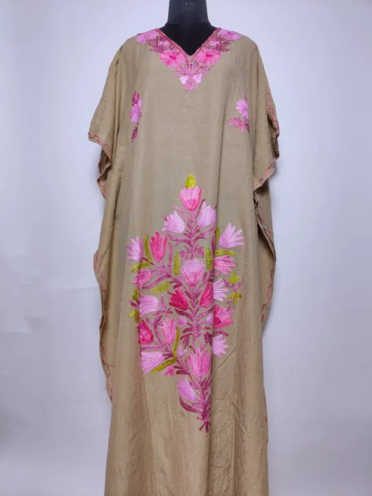Beige Kashmiri Ruqiyah Long Kaftan in Crush Cotton with Aari Embroidery