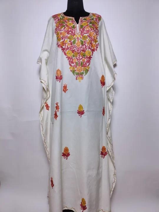 White Kashmiri Long Kaftan Mehr in Crush Cotton with Aari Embroidery