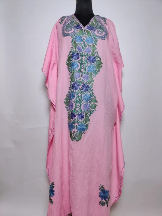 Kashmiri Long Kaftan in Pink Crush Cotton with Aari Embroidery Rubab