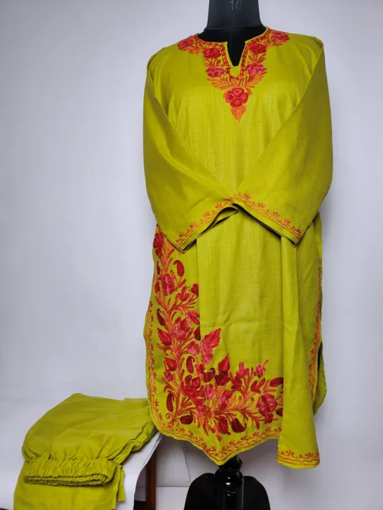 Shifat Olive Green Kashmiri Long Cotton Co-ord Set with Aari Embroidery