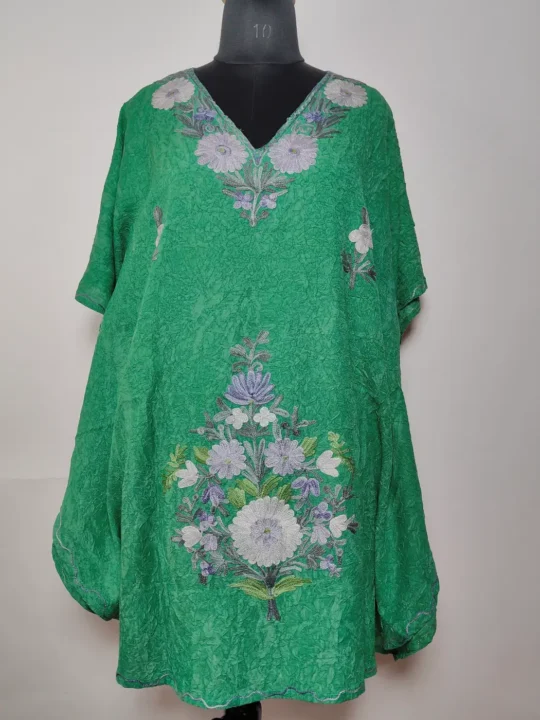 Crush Cotton Green Kashmiri Short Kaftan with Aari Embroidery - Mehrunisa