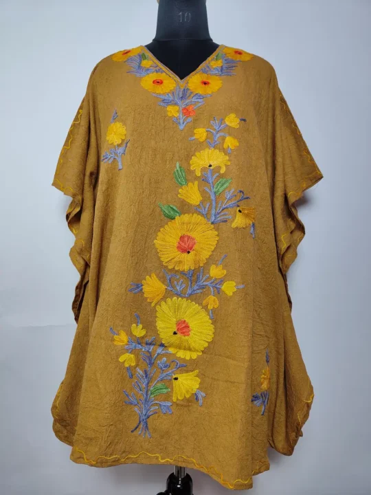 Brown Kashmiri Short Crush Cotton Kaftan with Aari Embroidery Rubab