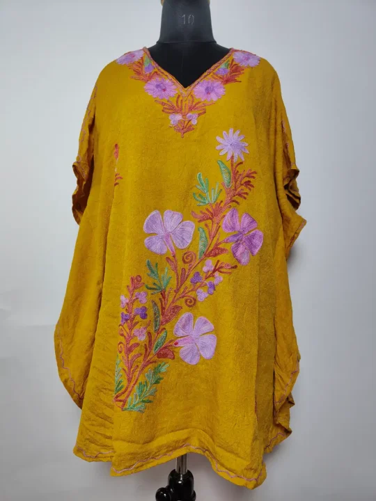 Mustard Kashmiri Short Crush Cotton Kaftan Gulban with Aari Embroidery