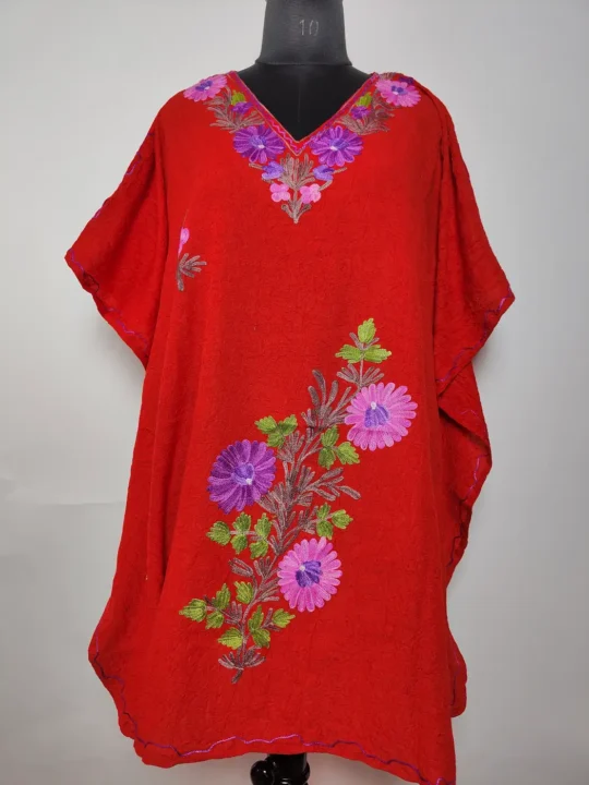 Kashmiri Maroon Short Crush Cotton Kaftan Gulban with Aari Embroidery