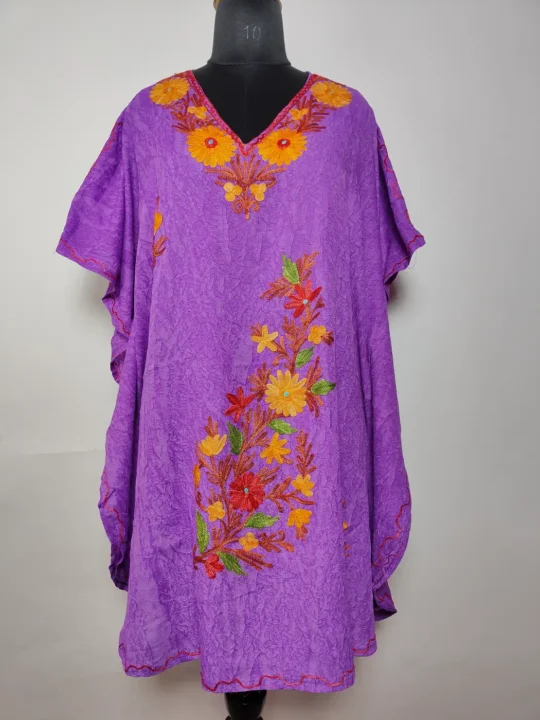 Firdousi Kashmiri Short Violet Crush Cotton Kaftan with Aari Embroidery