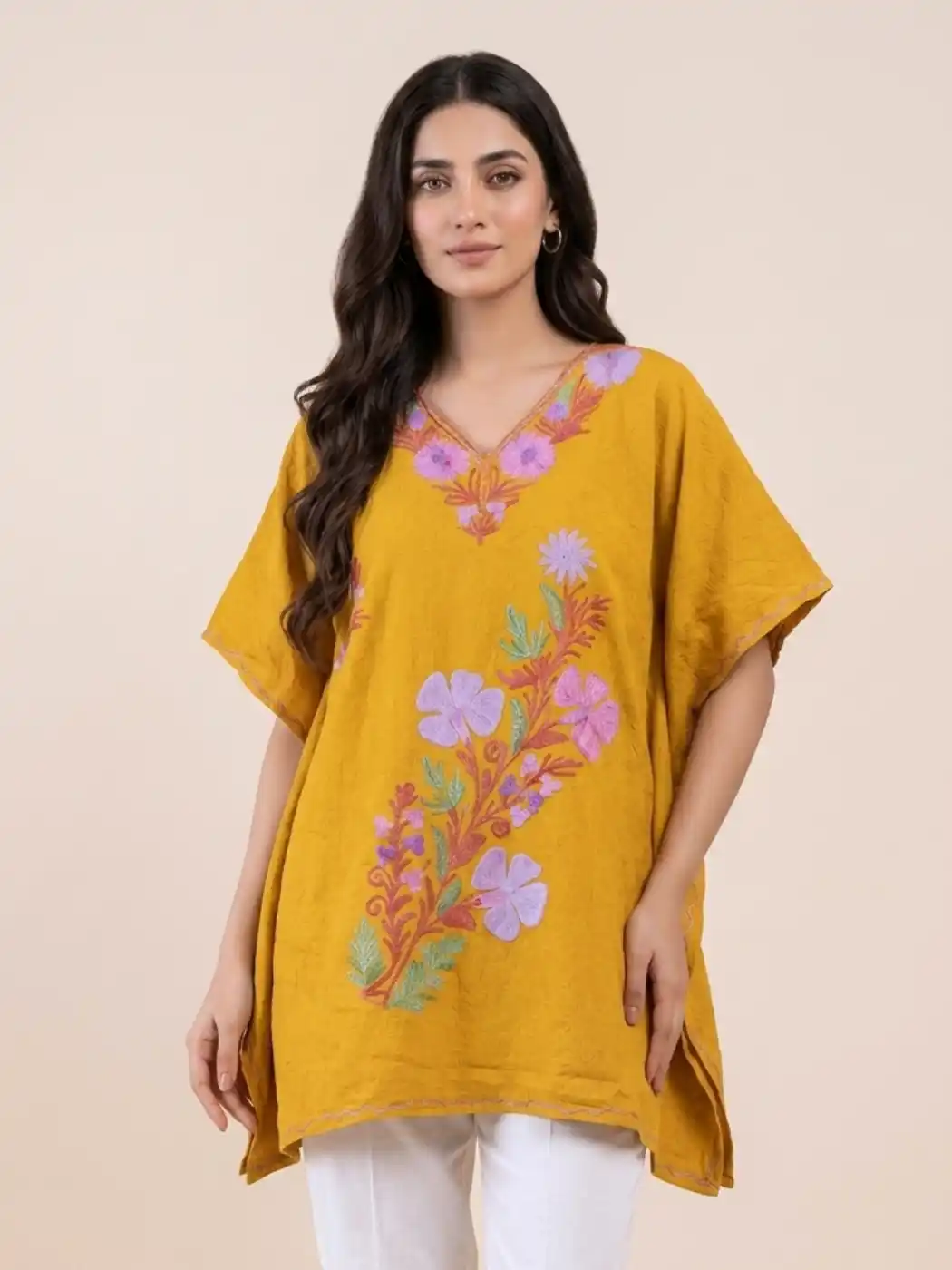 Mustard Kashmiri Short Crush Cotton Kaftan Gulban with Aari Embroidery