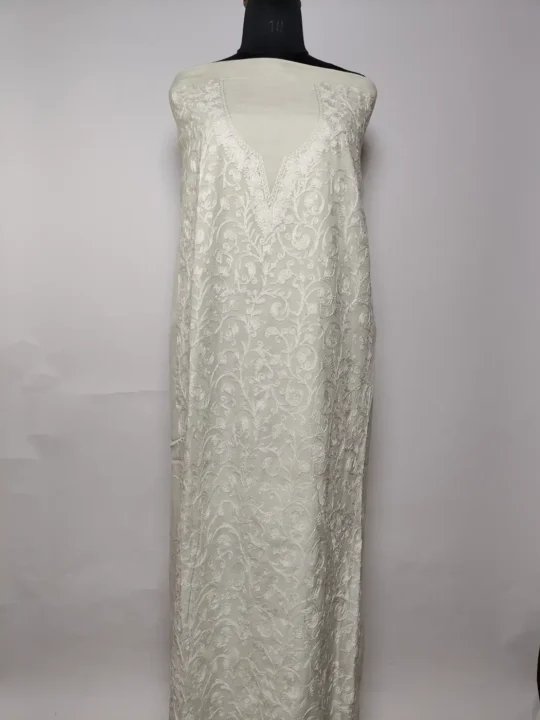 Off White Kashmiri 2pc Suit in Crush Cotton with Badam Jaal Aari Embroidery Naqshband