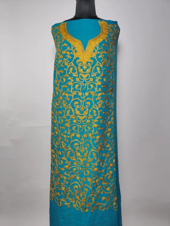 2pc Blue Kashmiri Suit in Crush Cotton with Mehrban Badam Jaal Aari Embroidery