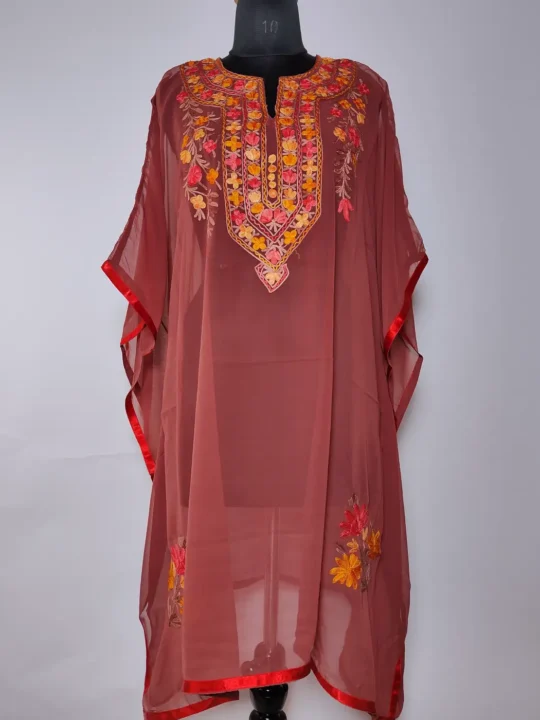 Long Mehfooz Kashmiri Georgette Kaftan in Brown | Aari Embroidery
