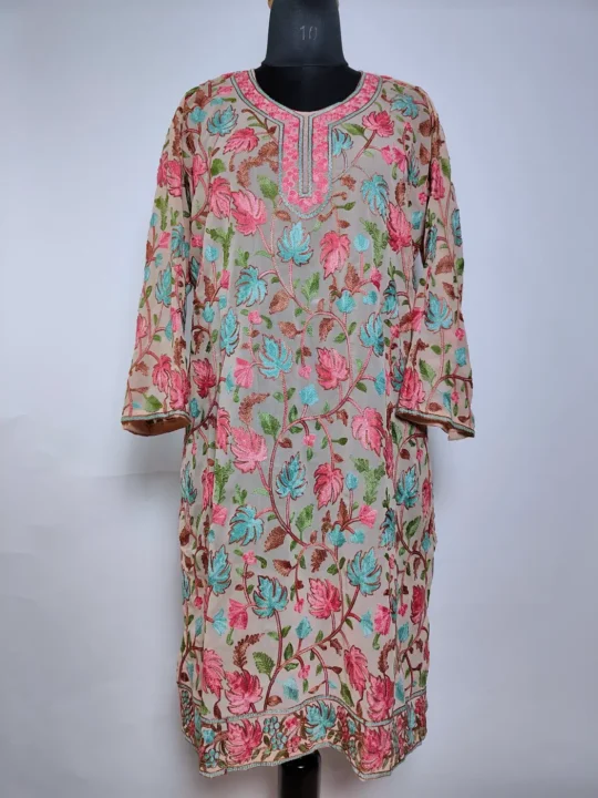 Kashmiri Long Kurti in Beige Georgette with Aari Embroidery Nafees