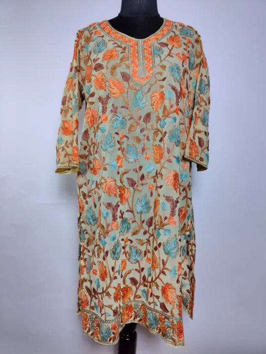 Sadaf Kashmiri Long Kurti in Light Green Georgette with Chinari Aari Embroidery
