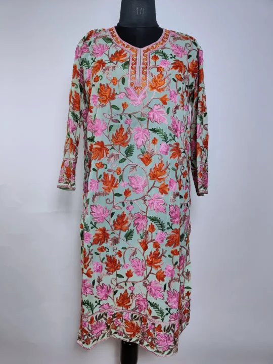 Kashmiri Long Kurti in Light Green Georgette with Chinari Aari Embroidery Meher