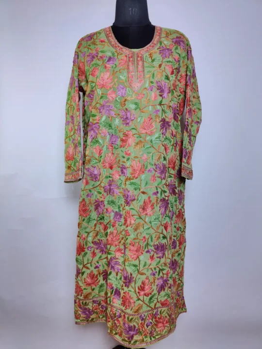 Pale Green Long Kurti in Kashmiri Georgette with Chinari Aari Zoyah Embroidery