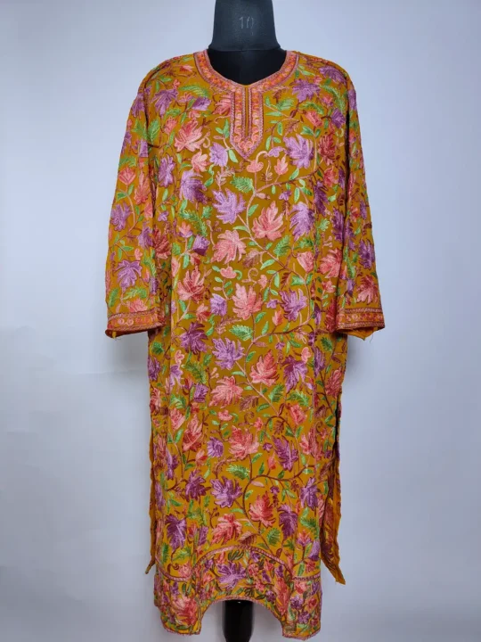 Mustard Kashmiri Long Kurti in Georgette with Chinari Aari Embroidery