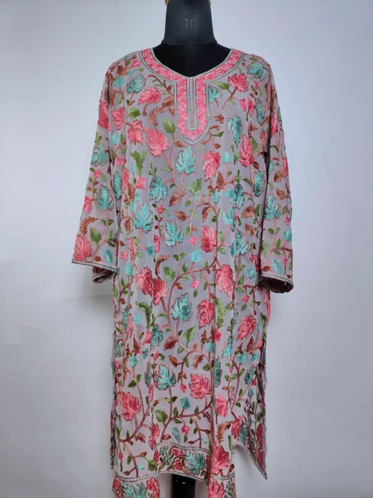 Naaz Long Kurti in Beige Kashmiri Georgette with Chinari Aari Embroidery