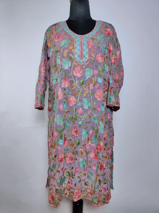 Kashmiri Chai Pink Long Kurti in Georgette with Chinari Aari Embroidery