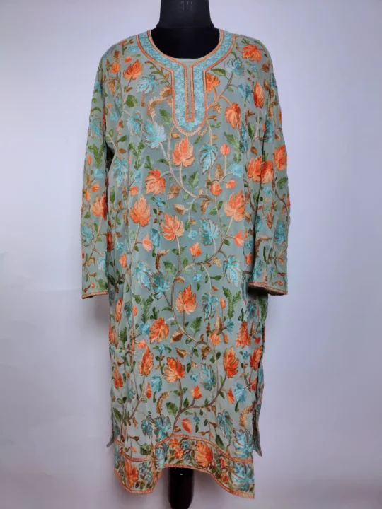 Light Green Kashmiri Long Kurti in Georgette Abeel with Chinari Aari Embroidery