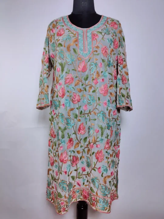 Sanah Light Green Kashmiri Long Kurti in Georgette with Chinari Aari Embroidery