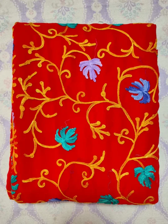 Kashmiri Red Nigahban Georgette Saree with Aari Embroidery