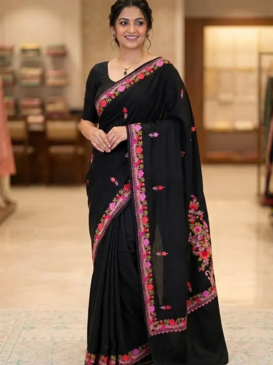 Nazmeen Black Kashmiri Georgette Saree with Aari Embroidery