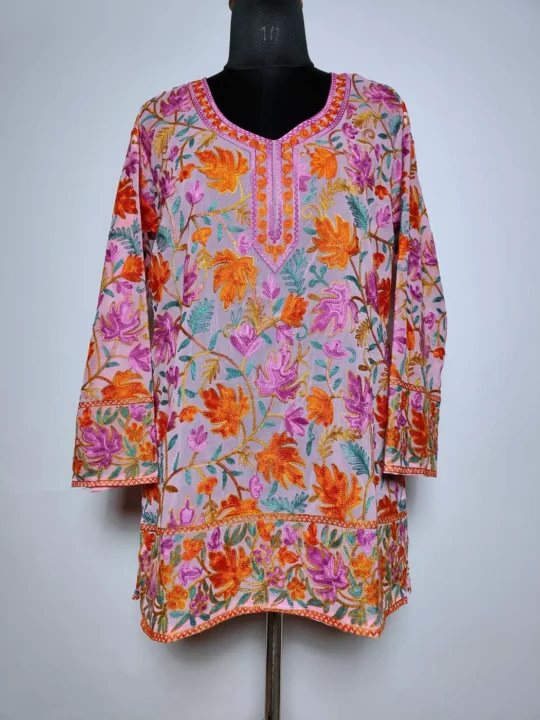 Elinah Kashmiri Short Kurti in White Georgette with Chinari Aari Embroidery