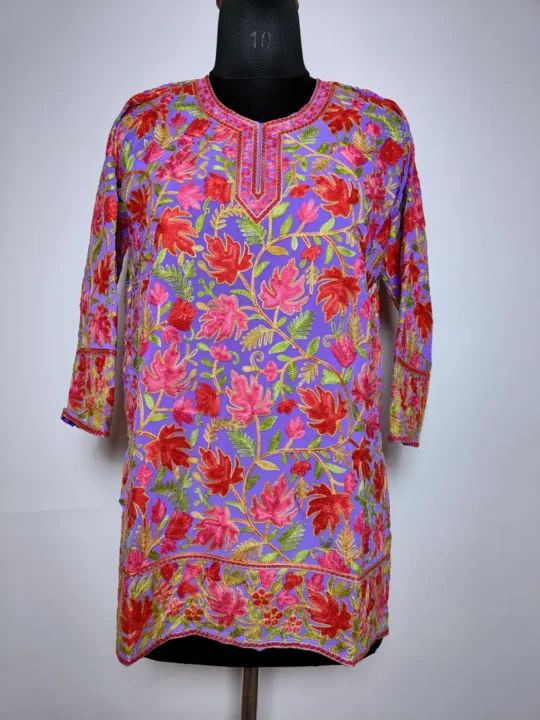 Purple Georgette Kashmiri Short Kurti with Chinari Aari Embroidery Fizah