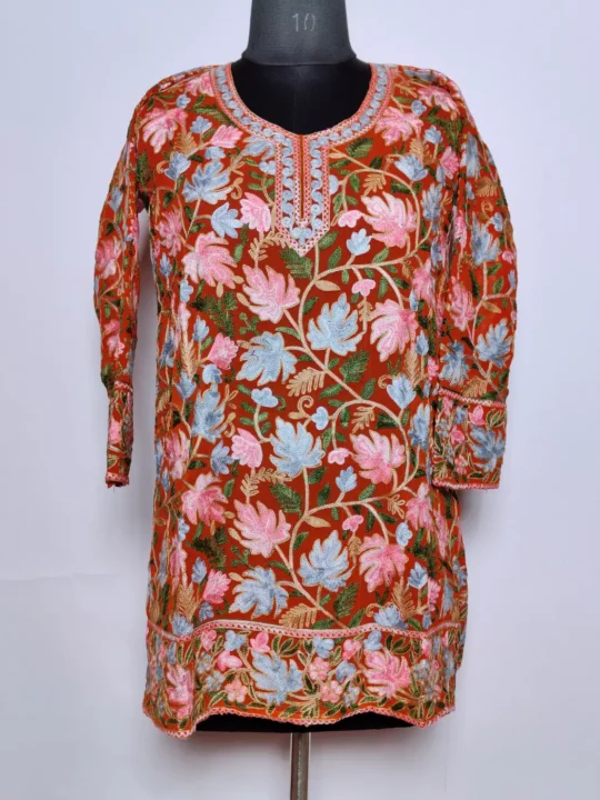 Brown Georgette Kashmiri Short Kurti Mehreen with Chinari Aari Embroidery