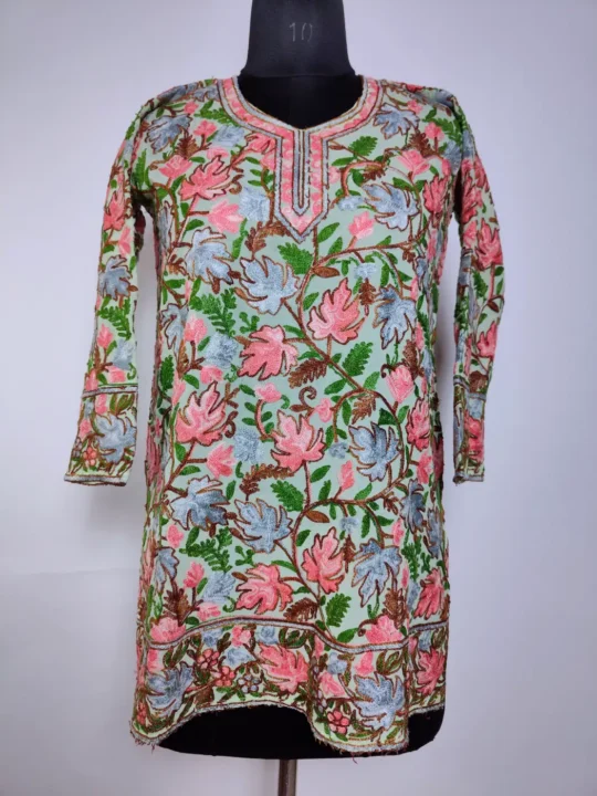 Kashmiri Georgette Short Kurti in Teal Green with Chinari Aari Embroidery Mahirah