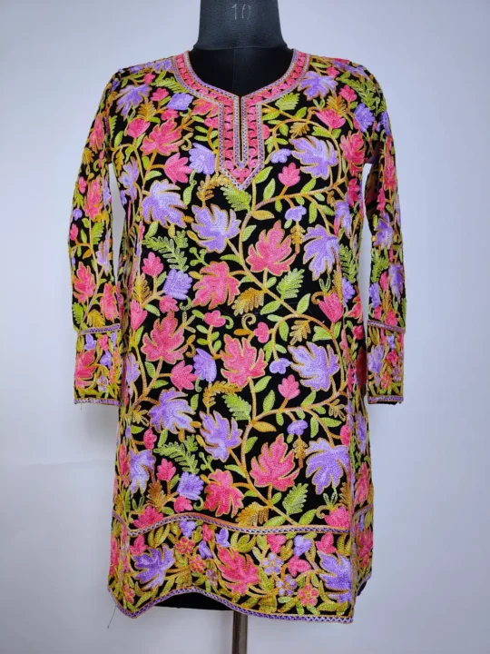 Alizah Kashmiri Georgette Short Kurti in Black with Chinari Aari Embroidery