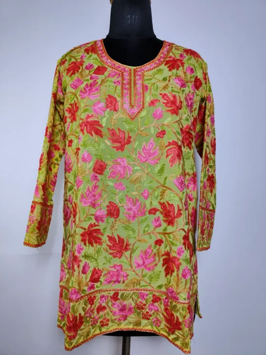 Pale Green Kashmiri Georgette Short Kurti with Chinari Aari Embroidery Nimrah