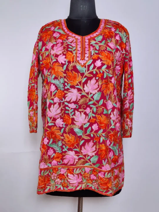 Kashmiri Georgette Short Kurti in Red Hoor with Chinari Aari Embroidery