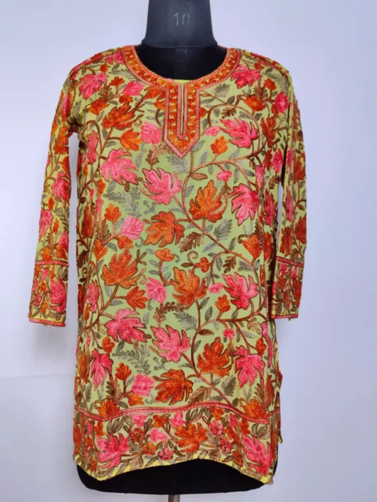 Georgette Short Kurti in Lime Green with Zameen Kashmiri Chinari Aari Embroidery
