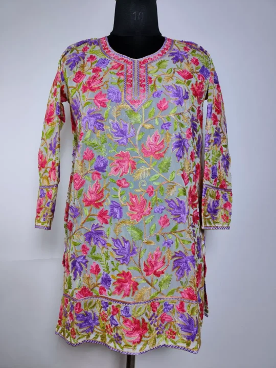 Light Green Georgette Short Kurti with Kashmiri Chinari Aari Embroidery