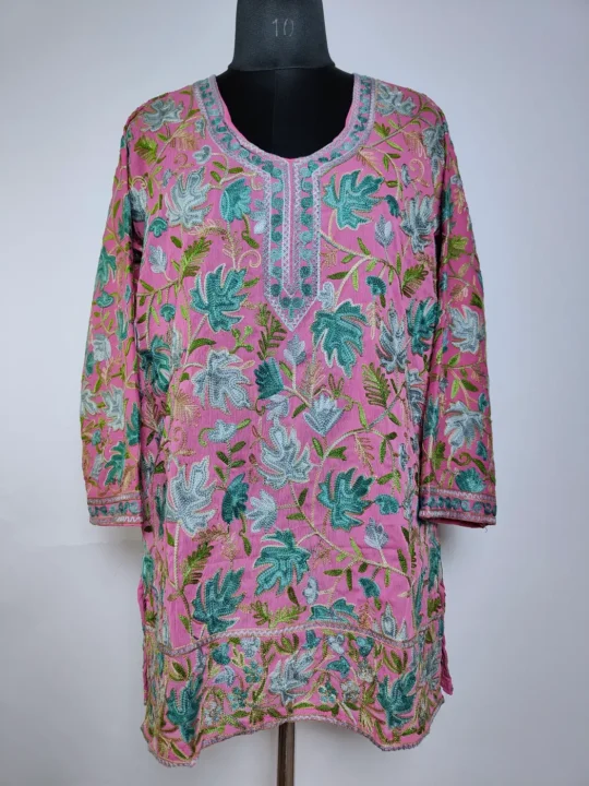 Pink Abeer Georgette Short Kurti with Kashmiri Chinari Aari Embroidery