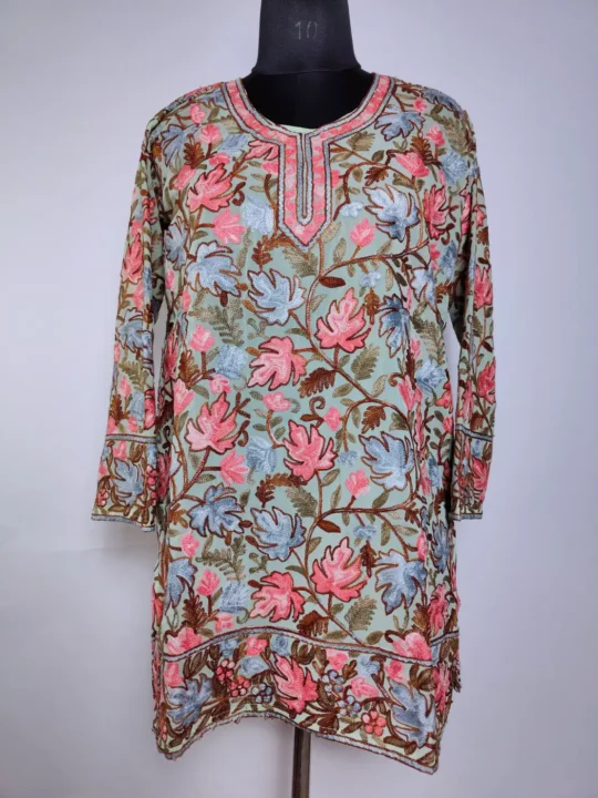 Light Green Georgette Short Kurti with Kashmiri Chinari Aari Embroidery Sadaf