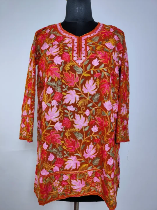 Sehrish Rustic Orange Georgette Short Kurti with Kashmiri  Zainab Chinari Aari Embroidery