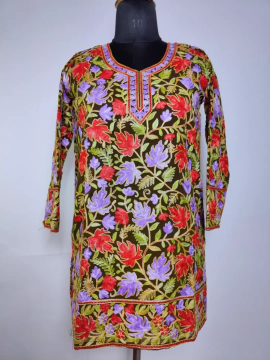 Hiba Mehndi Green Kashmiri Georgette Short Kurti with Chinari Aari Embroidery