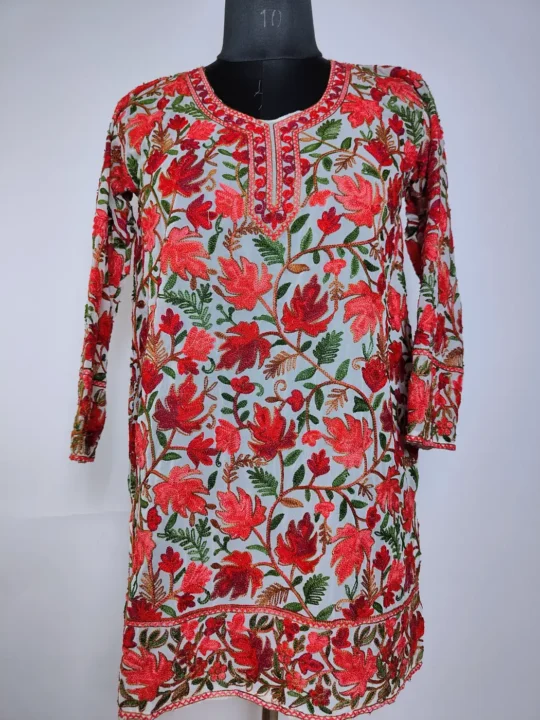 Noor Kashmiri Georgette Light Green Short Kurti with Chinari Aari Embroidery