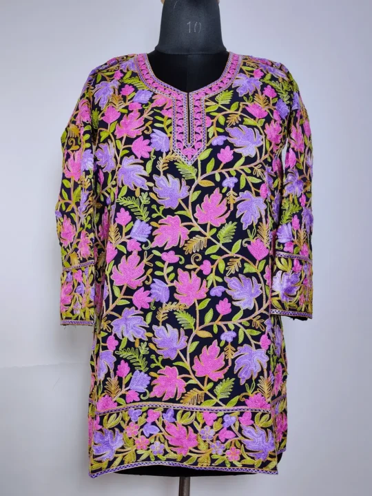 Dark Blue Kashmiri Georgette Short Kurti with Chinari Aari Embroidery