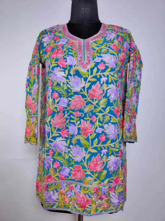 Kashmiri Georgette Short Kurti in Blue with Chinari Aari Embroidery