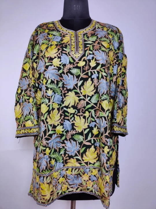 Black Kashmiri Georgette Short Kurti with Chinari Aari Embroidery
