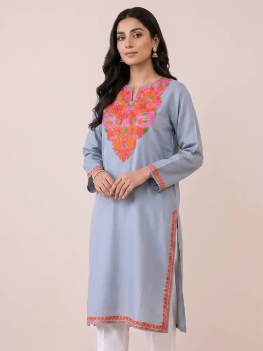Grey Kashmiri Long Cotton Kurti with Aari Embroidery