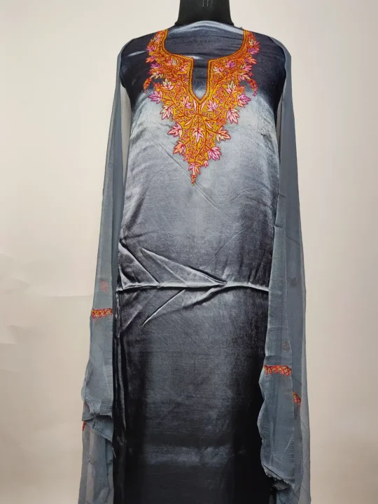 Kashmiri Dark Grey 3pc Modal Silk Unstitched Suit with Hand Sozni Embroidery Parizad
