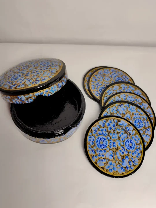 Rangbaz Kashmiri Floral Round Coaster Box with Paper Machie Work