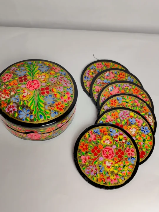 Kashmiri Floral Round Coaster Box with Paper Machie Work Naqsh