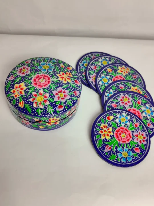 Kashmiri Floral Round Coaster Box with Mahakari Paper Machie Work
