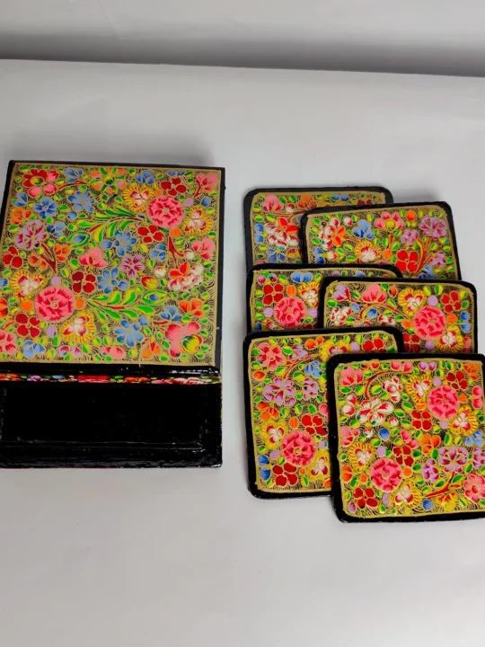 Kashmiri Square Coaster Box with Mahakari Paper Machie Work Dilnasheen